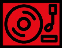 Black record player icon on red background